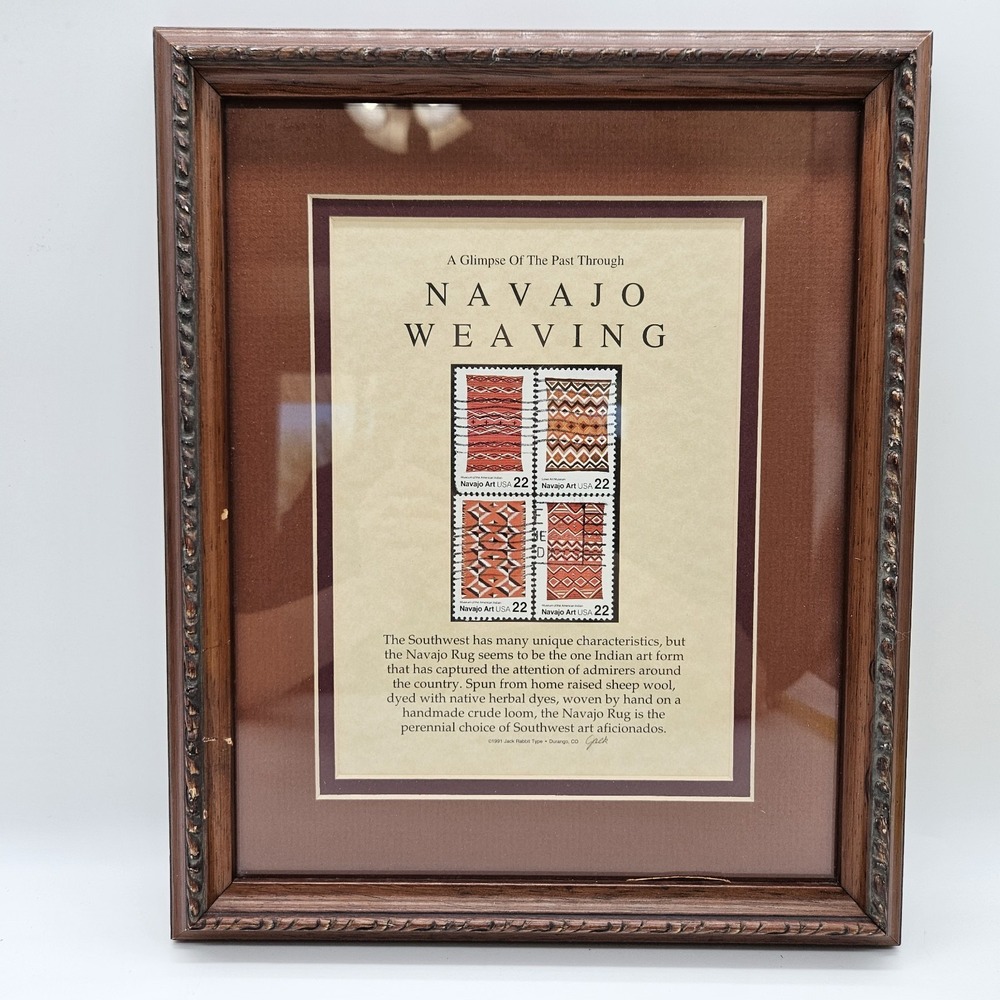 VTG 91' Stamp Art by Jack Rabbit Studio "Navajo Weaving" Framed Signed